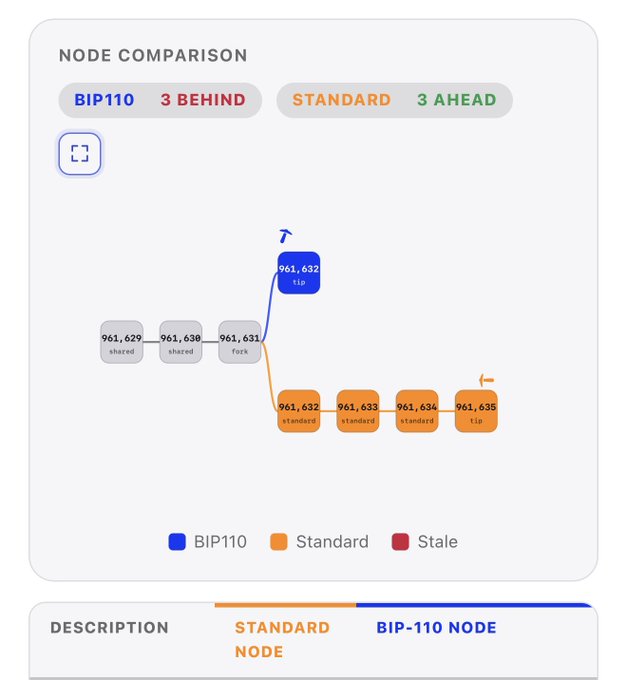 A node comparison diagram shows a Bitcoin fork at block 961,632, where a BIP-110 node mined block 961,632 (tip) while standard nodes continued mining blocks 961,632–961,635 (tip), leaving the BIP-110 chain "3 behind" and the standard chain "3 ahead" of the common ancestor.