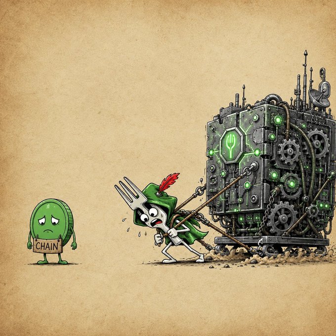 A cartoon illustration showing a fork-wielding hero in a green Robin Hood-style hat struggling to pull a massive, gear-covered mechanical fortress with chains, while a small sad green coin labeled 'CHAIN' watches from the side.