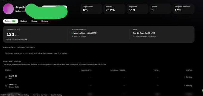 A screenshot of the Binance Wallet profile for user "Jaynebi" (Wallet: 0xa...) showing 123 total points, 125 tractions, 95.2% verified, and an 86.3 average score, with 4/15 badges collected. The display confirms the user's claim of receiving 123 points from the first epoch of the Axis x Binance Wallet campaign, with both Sep 19-20 and Sep 9-23 epochs pending distribution.