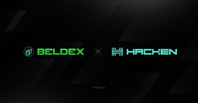 A promotional graphic showing logos for 'BELDEX' and 'HACKEN' side-by-side on a dark background, with 'beldex.io' at the bottom.