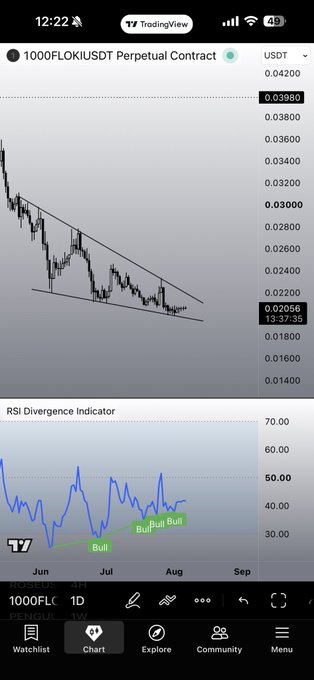 A TradingView chart of the 1000FLOKIUSDT Perpetual Contract showing a descending wedge pattern with the RSI Divergence Indicator highlighting three consecutive "Bull" signals from June through August. The post "Mammma miaaa $FLOKI" likely celebrates the bullish divergence spotted, suggesting optimism for a potential price reversal despite the downtrend visible on the chart at $0.02056.