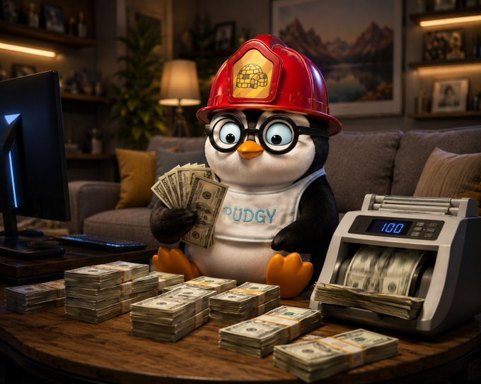 A cartoon penguin wearing a red firefighter helmet and a shirt labeled 'PUDGY' sits at a table with stacks of cash, a money-counting machine, and a computer monitor in the background.