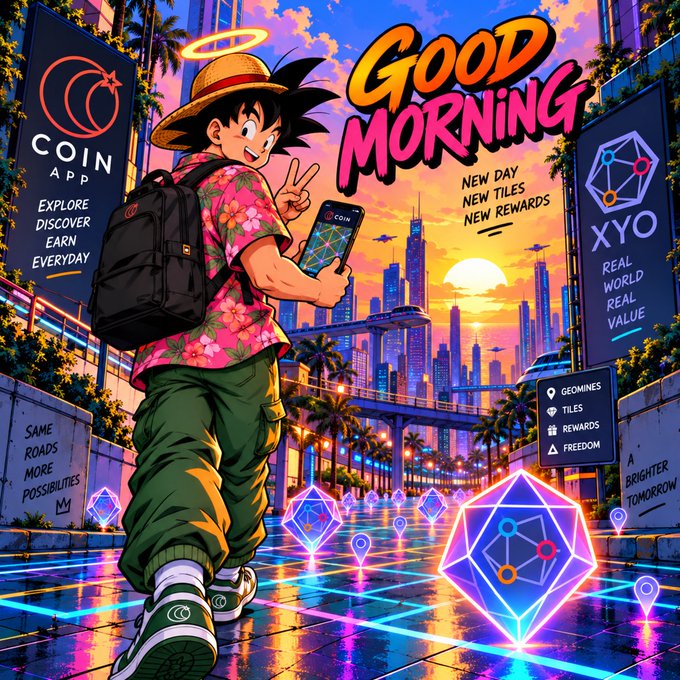 A vibrant anime-style illustration showing a young man in a straw hat and Hawaiian shirt holding a smartphone, with text 'GOOD MORNING', 'NEW DAY NEW TILES NEW REWARDS', and logos for COIN App and XYO ('REAL WORLD REAL VALUE') against a city skyline at sunset.
