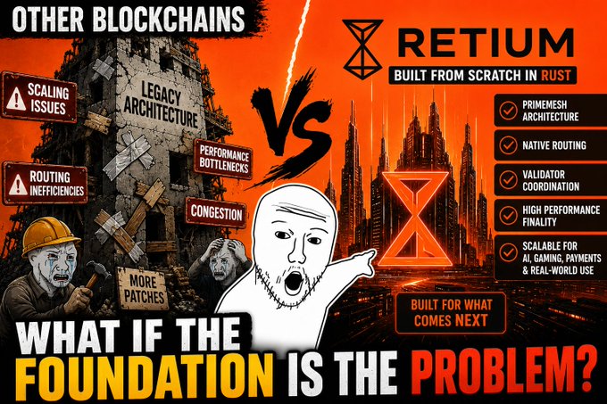 The image shows a cartoon depiction of a man with a beard pointing at a building, accompanied by text that reads "What if the foundation itself is the problem?". The caption below the image suggests that the focus should be on improving the existing blockchain rather than starting from scratch. This idea is supported by the statement "Retium built from scratch in Rust".
