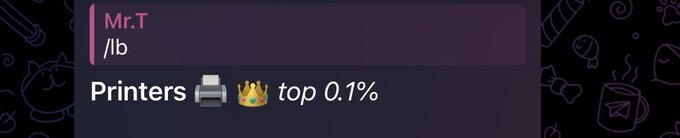 A Discord or chat interface snippet showing username 'Mr.T' with role 'lb' and a 'Printers' badge labeled 'top 0.1%' against a dark purple doodle background.