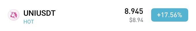 A price ticker displaying 'UNIUSDT' at 8.945, marked as 'HOT' and showing a positive change of +17.56%.