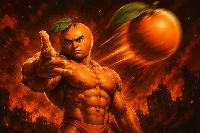 A muscular orange-headed figure with an angry expression points forward aggressively while an orange fruit with motion blur flies past him, set against a fiery apocalyptic backdrop of destroyed buildings, symbolizing the memecoin's resilience against FUD and its momentum heading into the federal hearing.