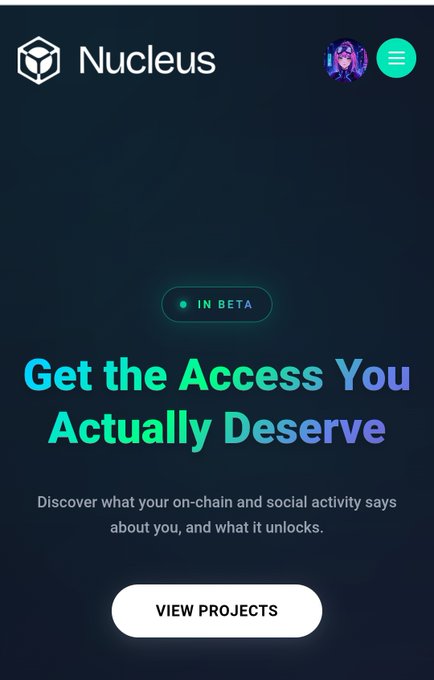 A dark-themed landing page for 'Nucleus' featuring an 'IN BETA' tag, the headline 'Get the Access You Actually Deserve', and a 'VIEW PROJECTS' button.