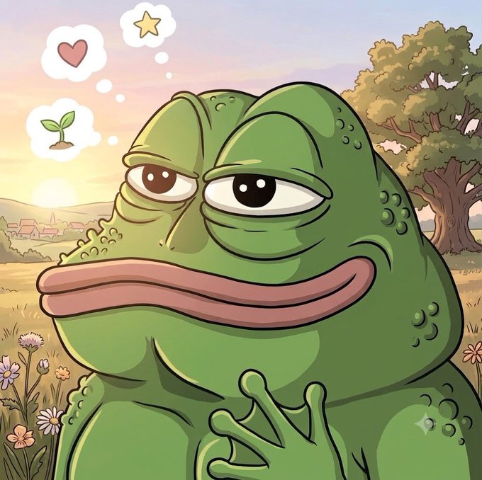 A cartoon Pepe the Frog makes a knowing, scheming expression while thought bubbles above him show a heart, star, and a sprout — visually echoing the "probably nothing" caption by suggesting something more is going on behind his sly, self-satisfied grin.