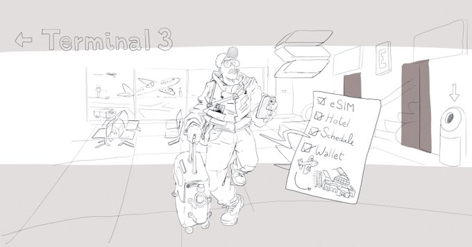 A sketch illustration of a traveler in an airport with rolling luggage, holding a phone, with a checklist showing 'eSIM', 'Hotel', 'Schedule', and 'Wallet' items checked off, under a 'Terminal 3' sign.