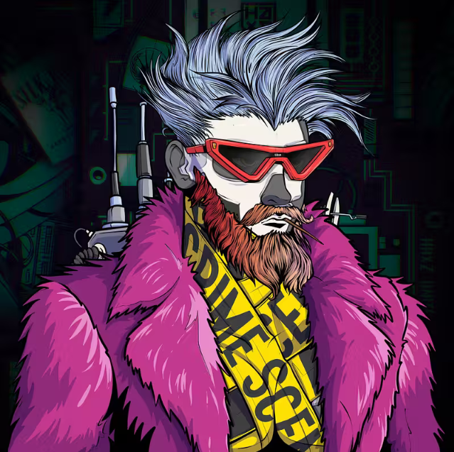 The image features a man with a beard, wearing sunglasses and a pink coat. He has a mustache and is holding a gun. The background of the image is black, which contrasts with the colorful elements in the foreground. There are also some text elements present in the image that read "Rich girls are on sale! @Haxz_xyz Only three left for less than a sol! New purchase:D @solana". This suggests that there might be a sale or promotion related to the man's appearance, possibly involving luxury items like designer clothing and accessories.