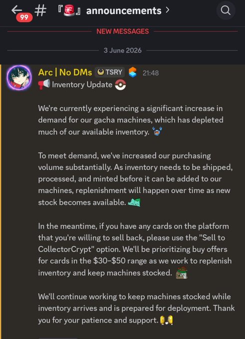 The image shows an email message with a black background, written in white text that reads "New Messages". The message appears to be from a collector crypt Discord server, where users can discuss and share information about various topics related to collecting cards or items. The message also mentions a demand for cards, which could be due to the popularity of a specific card or the rarity of it. It seems like there is an ongoing discussion or negotiation between the sender and recipient regarding the demand for cards in the collector crypt community.