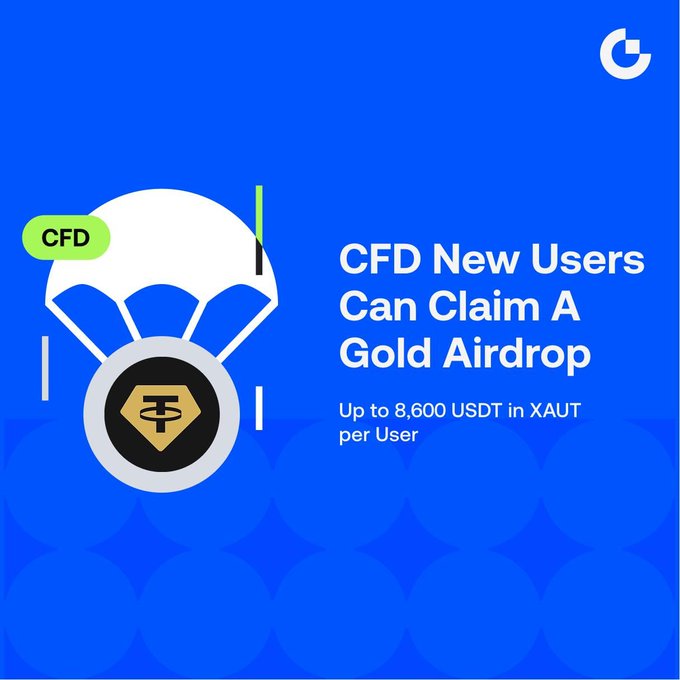A promotional graphic on a blue background features a parachute delivering a coin, with text reading 'CFD', 'CFD New Users Can Claim A Gold Airdrop', and 'Up to 8,600 USDT in XAUT per User'.