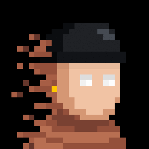 A pixel art illustration of a character wearing a black beanie with a face partially dissolving into pixelated particles on a dark background.