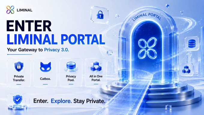 A promotional banner for 'LIMINAL PORTAL' advertising 'Your Gateway to Privacy 3.0' with features like Private Transfer, Catbox, Privacy Pool, and All in One Portal.