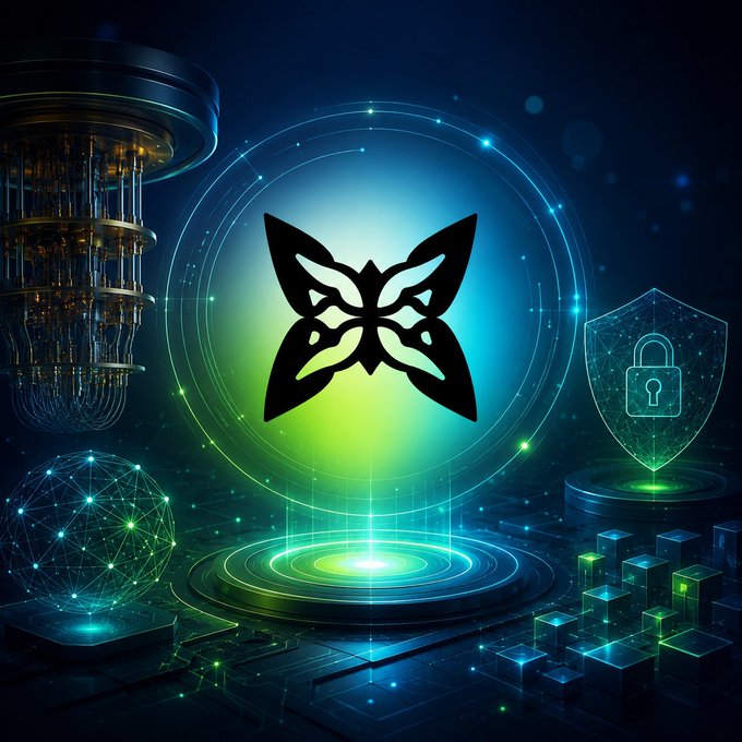 A digital artwork featuring a glowing butterfly-shaped cryptocurrency logo surrounded by green and blue neon tech imagery including a server tower, security shield, and network nodes.