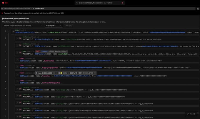 The image shows a Solscan transaction trace for the token $BOB (ticker: Bobwhite), displayed under the "Advanced Invocation Flow" tab, revealing a complex sequence of onchain calls involving ERC20 token creation, liquidity pool initialization on Uniswap V3 (Base chain), and contract calls to addresses like "0x8019f..." and "0x1691...". This relates to the post by analyzing the early mechanics of the $Bobwhite token launch—specifically how the contract was deployed and how initial liquidity (~$10,000 WETH) was set up—giving context to the memecoin hype referenced by @jessepollak, though the image itself does not show any social media profile or user identity.
