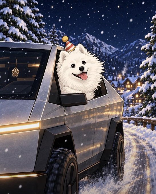 A fluffy white Pomeranian wearing a festive party hat hangs out the window of a Tesla Cybertruck as it drives through a snowy mountain village at night, with a paw-shaped air freshener dangling inside—playfully merging the iconic Tesla brand with a Dogecoin-inspired mascot.