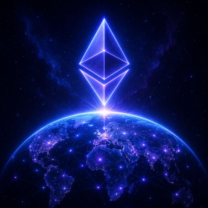 A stylized digital artwork of a glowing Ethereum logo hovering above a luminous, network-lit Earth against a starry deep-blue cosmic background.