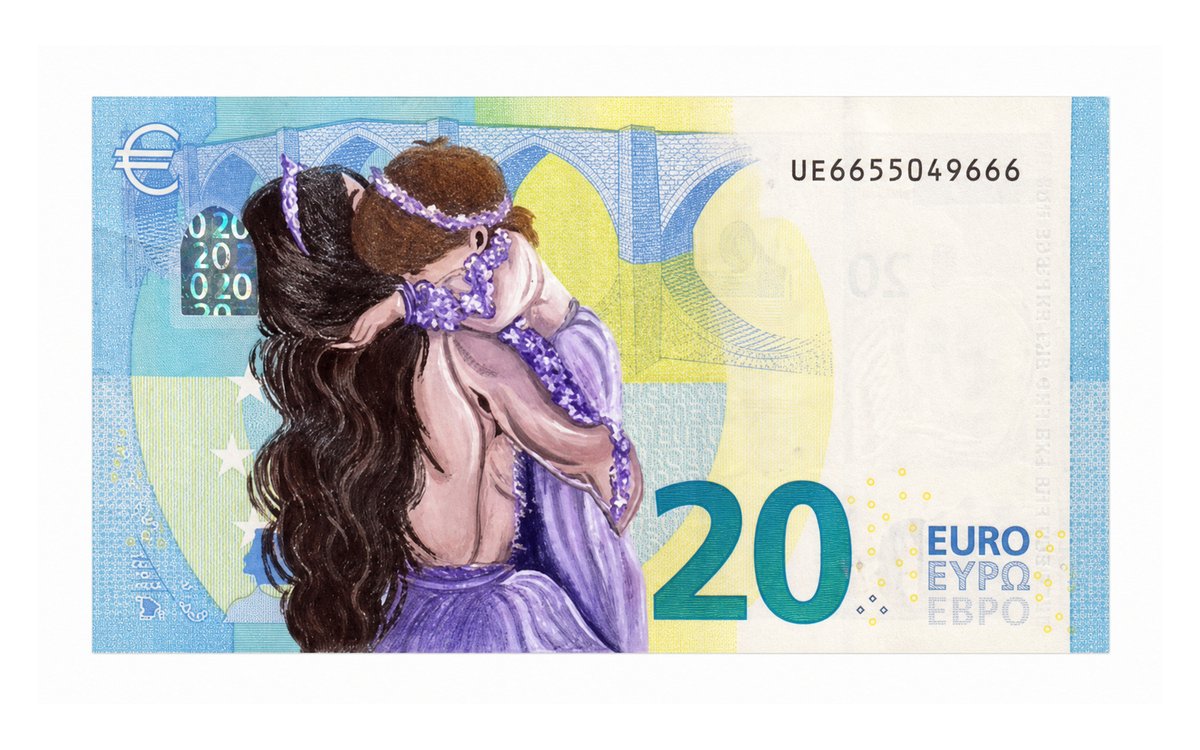 A 20 Euro banknote featuring an artistic illustration of two embracing figures painted in purple tones, with the serial number 'UE6655049666' visible.