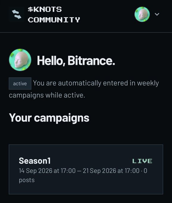 A screenshot of the #KNOTS Community dashboard greeting 'Hello, Bitrance.' with an active Season 1 campaign running from 14 Sep 2026 to 21 Sep 2026.