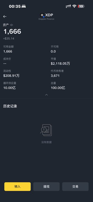 A cryptocurrency wallet screen showing XDP (Doppler Finance) token with a balance of 1,666 tokens, valued at $35.14, with a market cap of $2,118.05万 and liquidity of $208.91万.