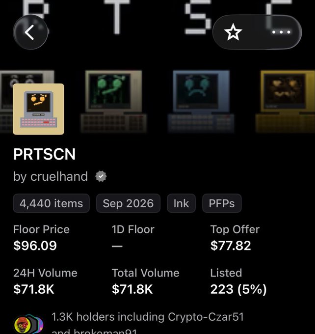 An NFT marketplace listing for 'PRTSCN' by cruelhand, showing a pixel art computer with a face, a floor price of $96.09, and 4,440 items.