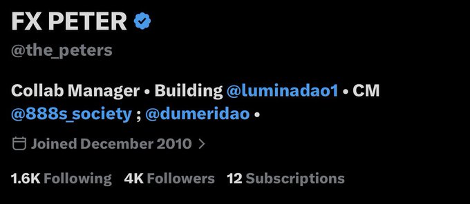 The image displays FX PETER's (@the_peters) Twitter profile, showing his bio as "Collab Manager • Building @luminadao1 • CM @888s_society ; @dumeridao •," a join date of December 2010, and stats of 1.6K Following, 4K Followers, and 12 Subscriptions.

The image directly supports the post's milestone announcement of reaching 4K followers on the platform, as the profile visibly displays the "4K Followers" count he is celebrating.