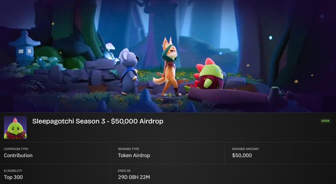 A promotional banner advertises "Sleepagotchi Season 3 - $50,000 Airdrop" with a Token Airdrop reward type, Top 300 eligibility, featuring animated animal characters in a forest.