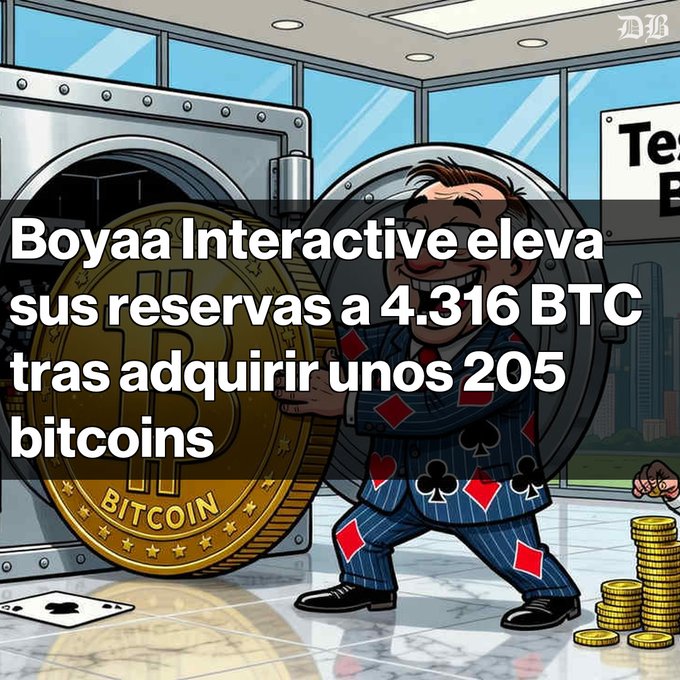 A cartoon showing a gambler-like figure next to a vault with a Bitcoin logo, with text: 'Boyaa Interactive eleva sus reservas a 4.316 BTC tras adquirir unos 205 bitcoins'.