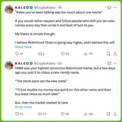 A screenshot of two tweets from KALEO (@CryptoKaleo) discussing meme coins, with the first tweet reading 'Kaleo you've been talking way too much about one meme!' and the second asking 'HMM was your highest conviction Real Rothschild meme, but a few days ago you sold it to chase a new trendy meme.'
