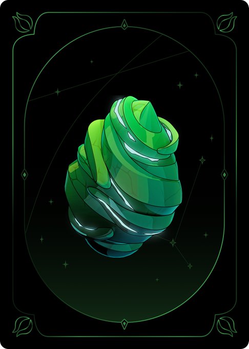 An illustration of a stylized, spiraling green and blue gemstone or object centered on a dark green, starry background within an ornate border.