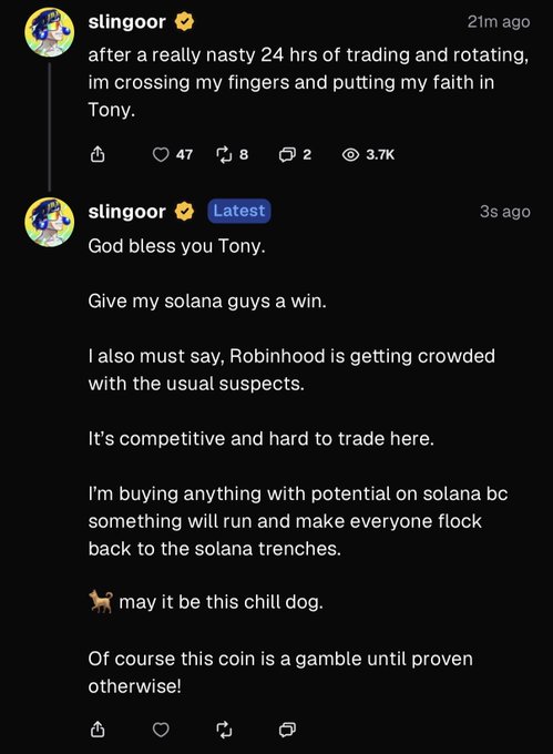 Screenshot of two posts from Twitter/X user 'slingoor' (verified) discussing trading frustrations and putting faith in 'Tony,' mentioning Robinhood and Solana, with the latest post written 3 seconds ago.