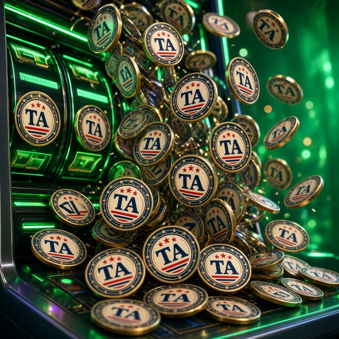 A slot machine overflows with gold coins branded "TA" featuring red, white, and blue patriotic designs against a vibrant green background.