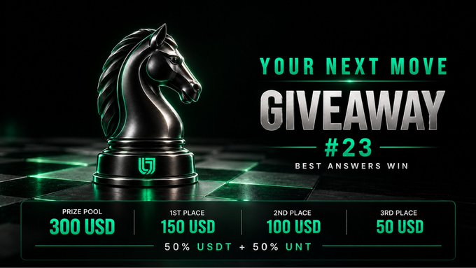 A promotional graphic for 'YOUR NEXT MOVE GIVEAWAY #23' featuring a black chess knight piece, with prize tiers: 300 USD prize pool, 150 USD for 1st place, 100 USD for 2nd, and 50 USD for 3rd, paid 50% USDT + 50% UNT.