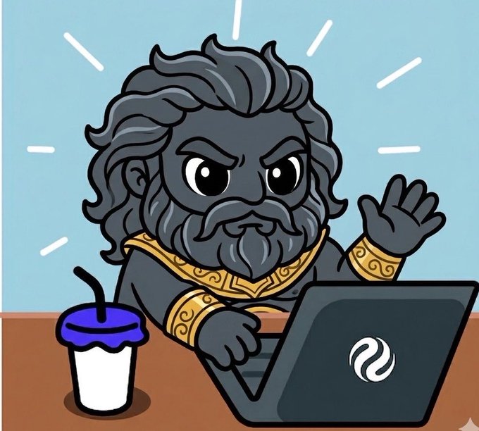 A cartoon illustration of a bearded figure with an angry expression working on a laptop displaying the INJ logo, with a blue drink beside them.