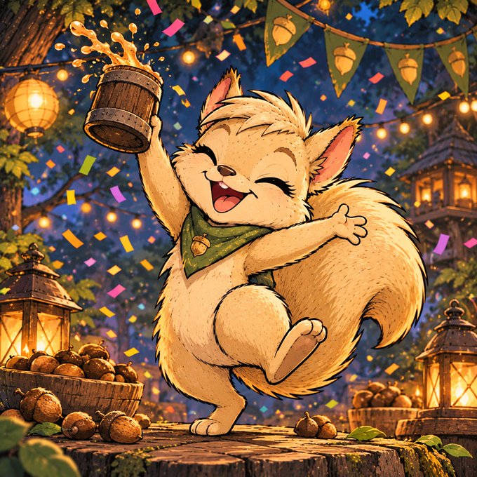 An illustration of a cheerful, cream-colored cartoon animal wearing a green bandana celebrates by holding up a wooden mug, with confetti and acorns scattered around a festive forest setting.