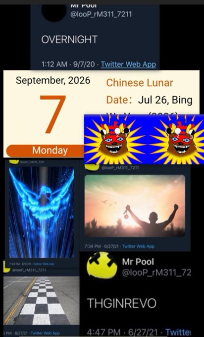 A collage of posts from Twitter user Mr Pool (@looP_rM311_7211) featuring cryptic imagery including a calendar marking September 7, 2026 (Monday) as corresponding to "Chinese Lunar Date: Jul 26," decorative demon-faced sun graphics, and the username "THGINREVO" (ONVENIGHT reversed), visually reinforcing the post's prediction about XRP's "moon" event occurring during an eclipse or on July 26th on the lunar calendar.