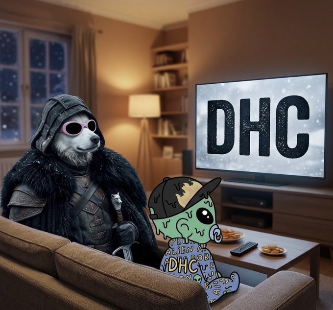 A dog-like character in medieval armor and a pink-sunglasses-wearing cartoon character sit on a couch watching a TV displaying the text "DHC".