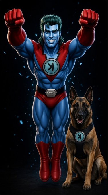 A stylized, muscular superhero illustration in a blue and red costume with green hair floats triumphantly with fists raised beside a German Shepherd dog, both sporting a 'DAG' and 'K' logo emblem.