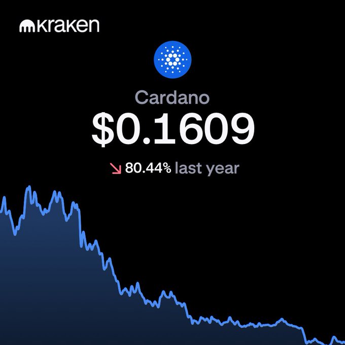 A Kraken price chart for Cardano (ADA) shows the token at $0.1609, down 80.44% over the last year, visually emphasizing the steep decline that aligns with the poster's frustrated expression of exhaustion about ADA's poor performance.