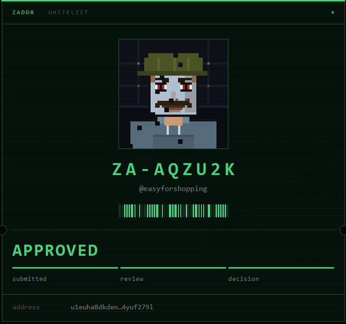 A ZADDR whitelist approval page showing a pixel art avatar for user 'ZA-AQZU2K' (@easyforshopping) with an 'APPROVED' status, complete with a barcode and the address 'uleuha8dkden_4yuf2791'.