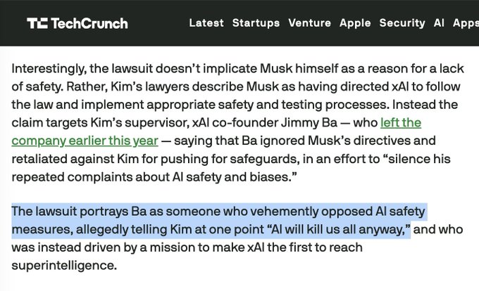 A TechCrunch article excerpt discussing a lawsuit where Elon Musk is not implicated, but instead his xAI co-founder Jimmy Ba is targeted for allegedly ignoring Musk's safety directives and opposing AI safety measures, with a highlighted section noting Ba allegedly said 'AI will kill us all anyway.'