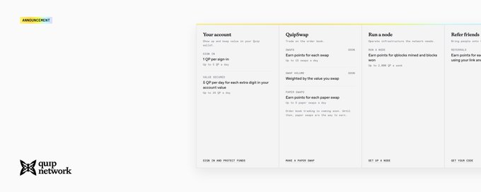 The image displays an "Announcement" page for Quip Network, featuring a dashboard with four sections: Your account (sign-in/sign-up), QuipSwap (token trading with $QUIP valued at 1¢ with a $20 sign-in bonus), Run a node (operating infrastructure with 100K+ $QUIP reward), and Refer friends (bringing new users).

This visual supports the post's point that Quip is building a practical marketplace layer for quantum compute rather than focusing on a single hardware breakthrough—showing how users can sign up, trade tokens, run nodes, and refer others to participate in this shared compute ecosystem.