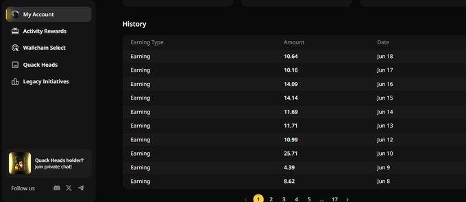 A dark-themed dashboard showing an account history with daily 'Earning' entries ranging from 4.39 to 25.71, with dates from Jun 8 to Jun 18, and a left sidebar menu including 'My Account', 'Activity Rewards', and 'Wallchain Select'.