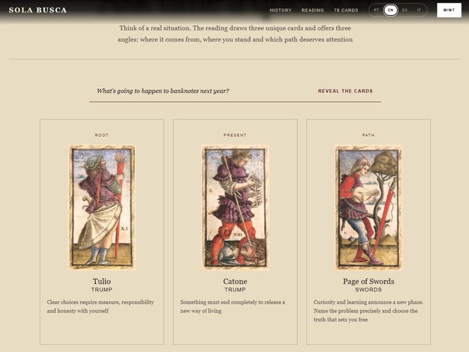 Screenshot of a tarot reading app called 'SOLA BUSCA' showing three cards for a banknote-related question: 'Tulio TRUMP' (Root), 'Catone TRUMP' (Present), and 'Page of Swords SWORDS' (Path), each with a brief description.