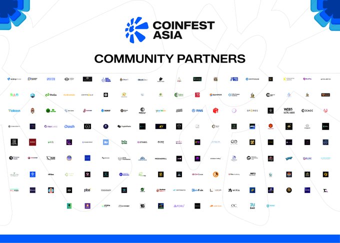 A 'COINFEST ASIA' community partners slide showing numerous sponsor logos arranged in a grid pattern.