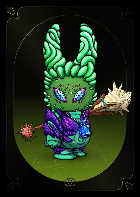 A colorful illustration depicts a green, brain-like alien creature with large ears, multiple eyes, and a spiked weapon.