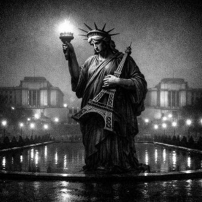 A black and white illustration of the Statue of Liberty holding the Eiffel Tower in place of her tablet, set against a Parisian backdrop with glowing lights.