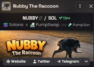 A mobile app screen for the meme coin 'NUBBY The Raccoon' (NUBBY/SOL) showing Solana, PumpSwap, and Pump.fun ecosystem indicators with 12m market cap.